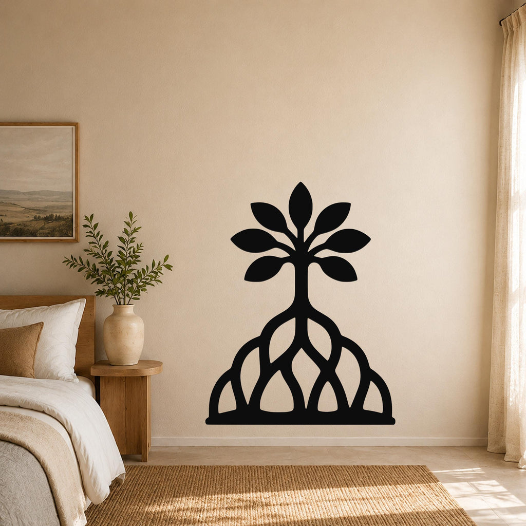 Black metal wall art in a tree silhouette with leafy canopy and intricate root cutouts, mounted on a bedroom wall above a woven rug.