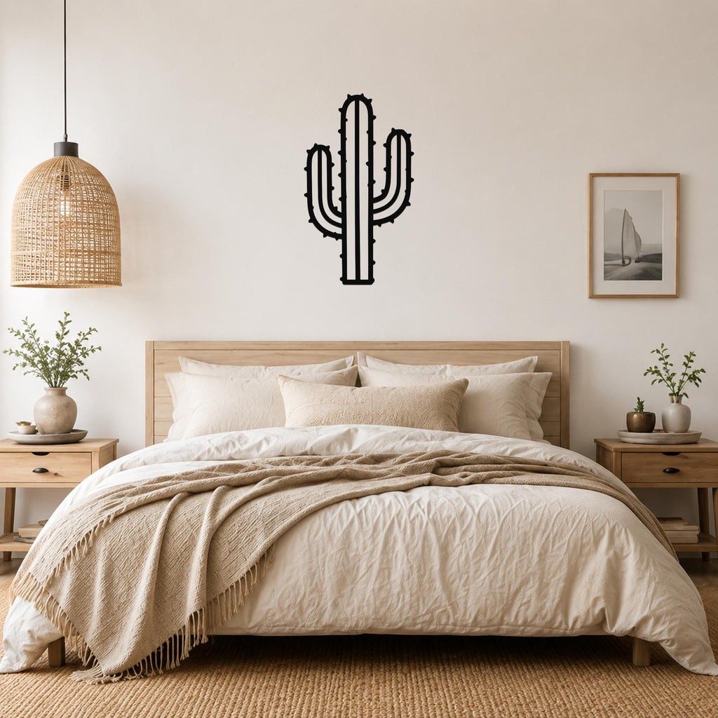 Black metal wall art in the silhouette of a saguaro cactus with spines, mounted on a wall above a bed in a neutral bedroom.
