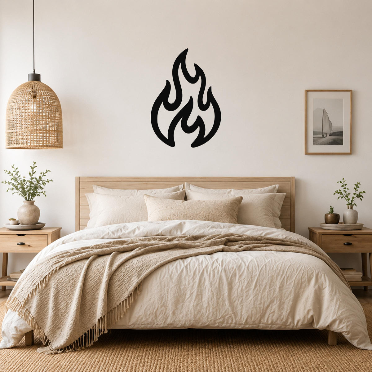 Black metal flame wall art with flowing cutout shapes, mounted above a wooden bed in a neutral bedroom.