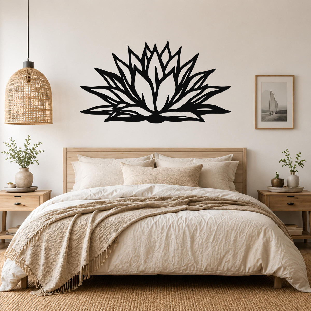 Black metal agave wall art with bold geometric cutouts, mounted above a bed in a neutral bedroom.