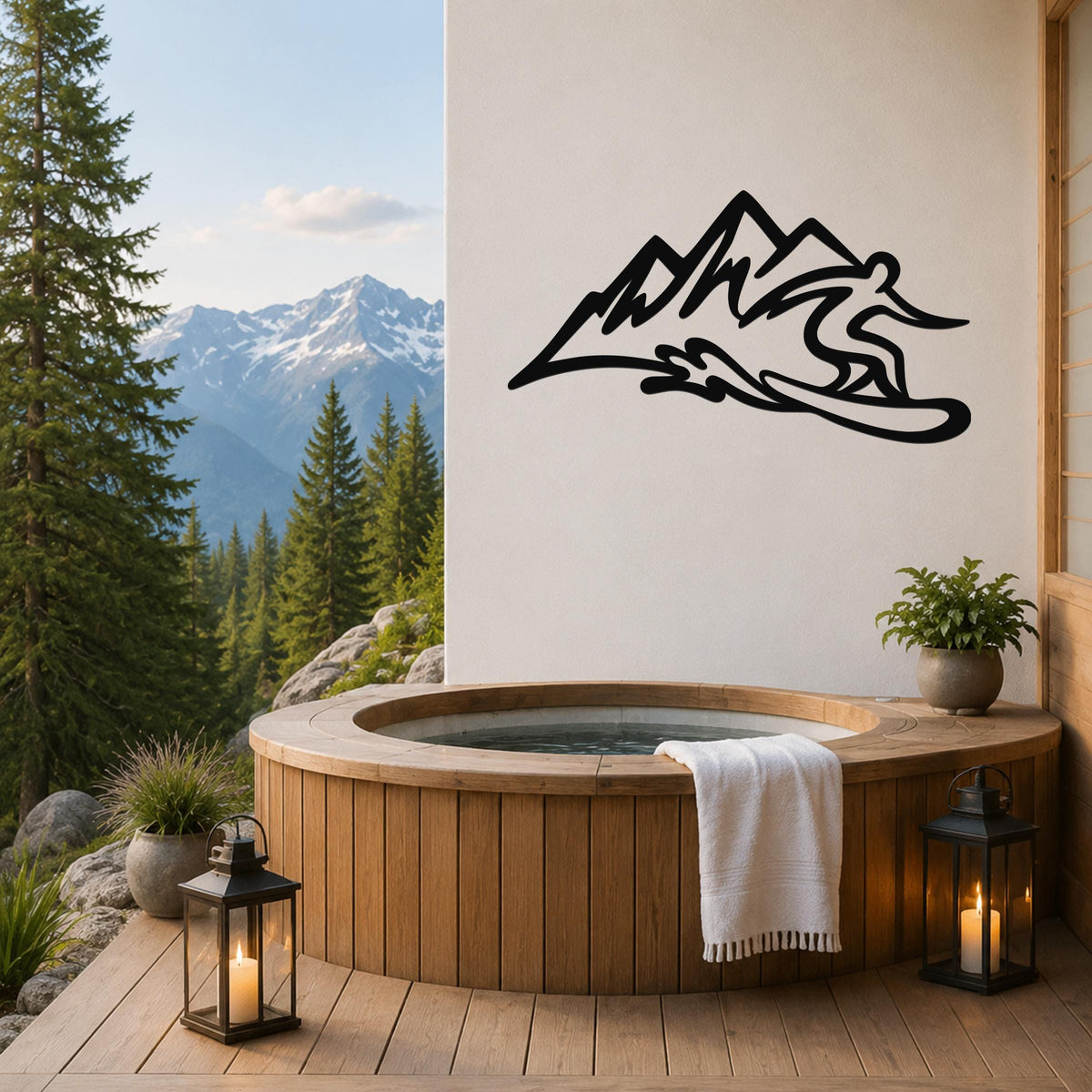 Black metal wall sculpture of a snowboarder in dynamic motion above a wooden hot tub on a deck with mountains in the background.