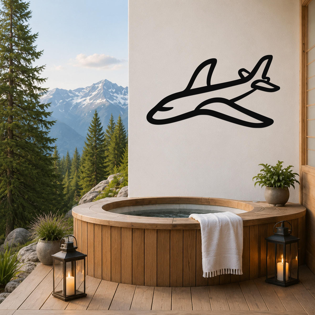 Black metal airplane silhouette wall art mounted on a white wall above a wooden hot tub on a mountain-view deck.