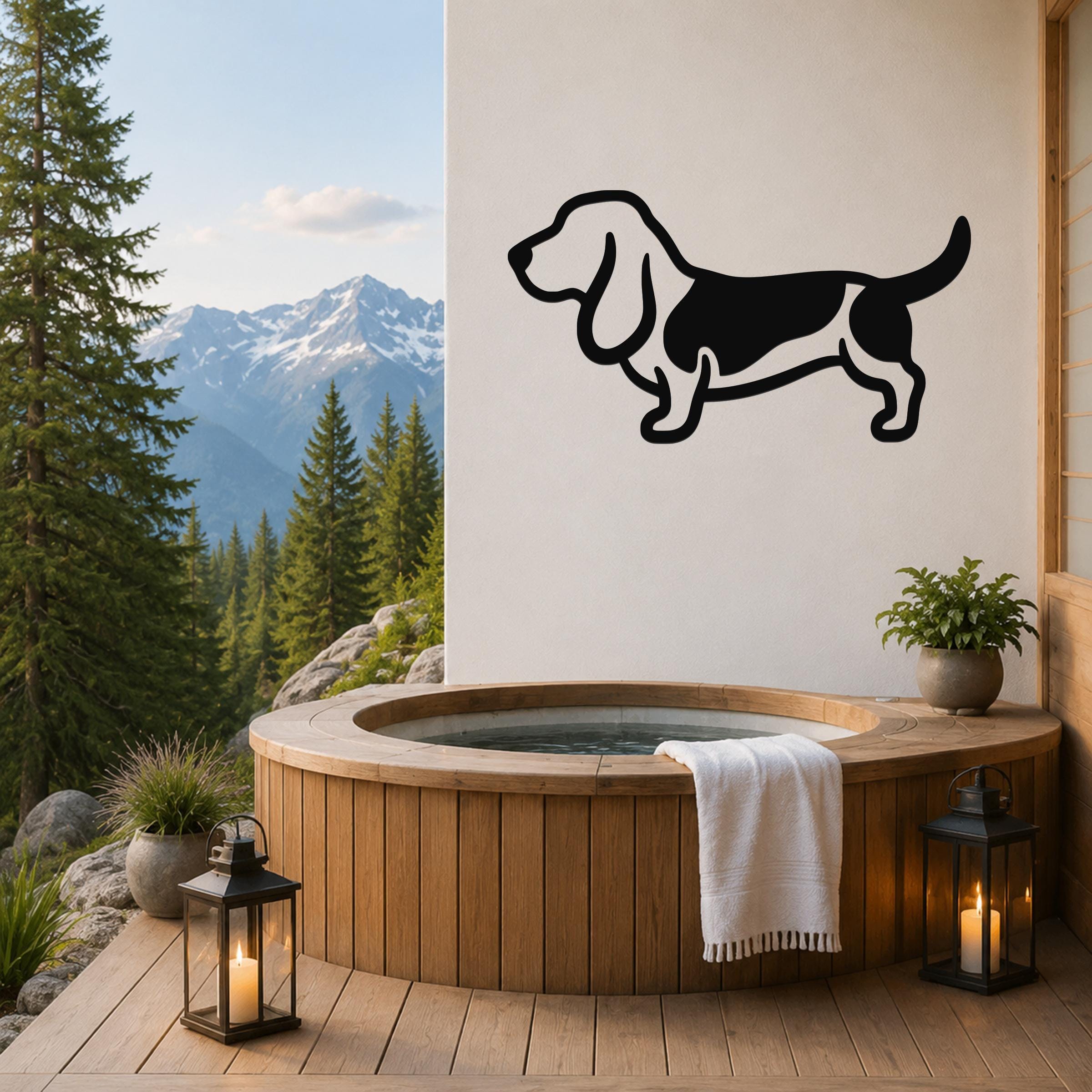 Black metal Basset Hound silhouette wall art mounted on a white wall above a wooden hot tub on a mountain-view deck.
