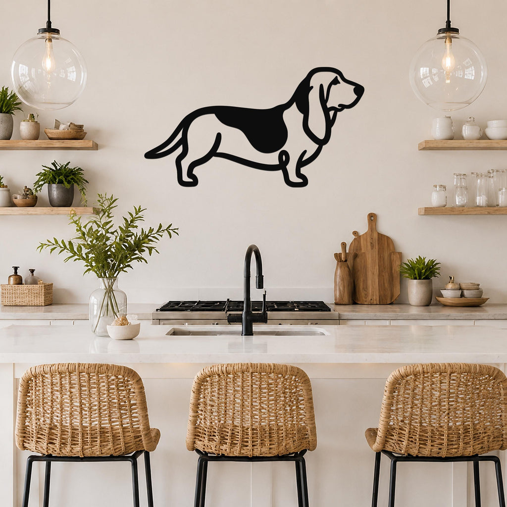 Black metal Basset Hound silhouette wall art with a cutout design, mounted on a kitchen wall above a counter.