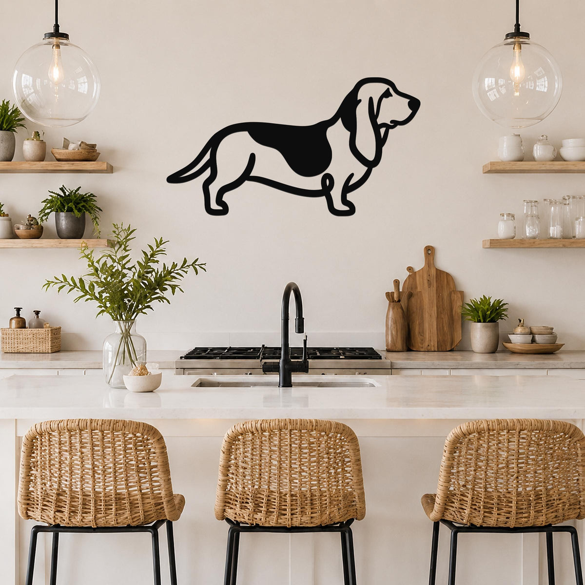 Black metal Basset Hound silhouette wall art with a cutout design, mounted on a kitchen wall above a counter.