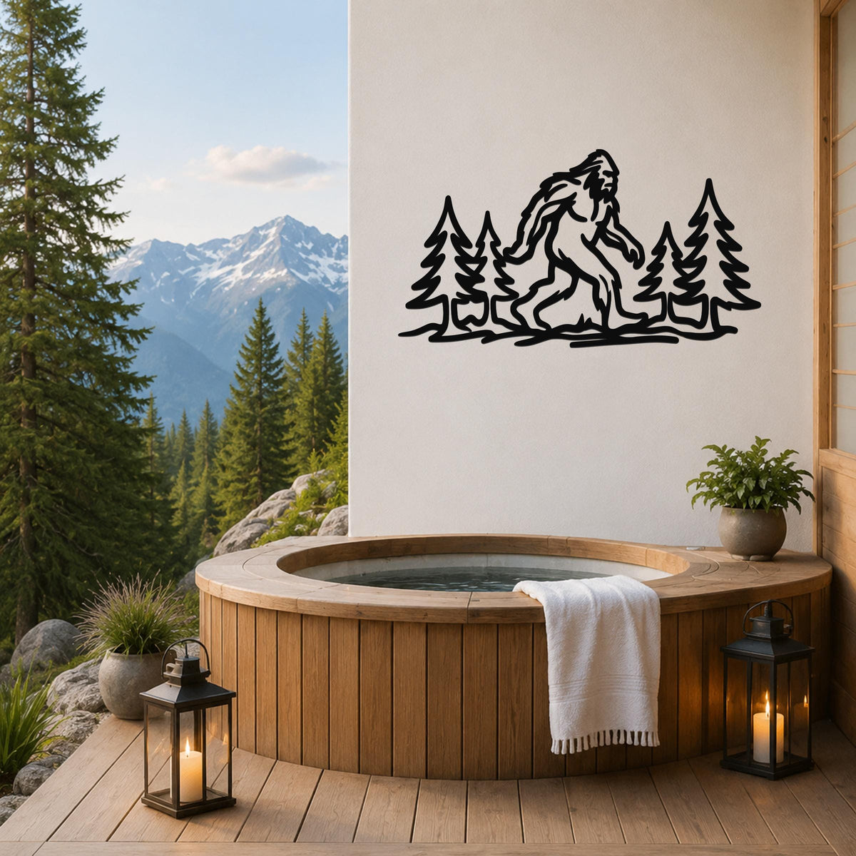 Black metal wall art featuring a Bigfoot silhouette among pine trees, mounted on a white wall above a wooden hot tub on a mountain-view deck.