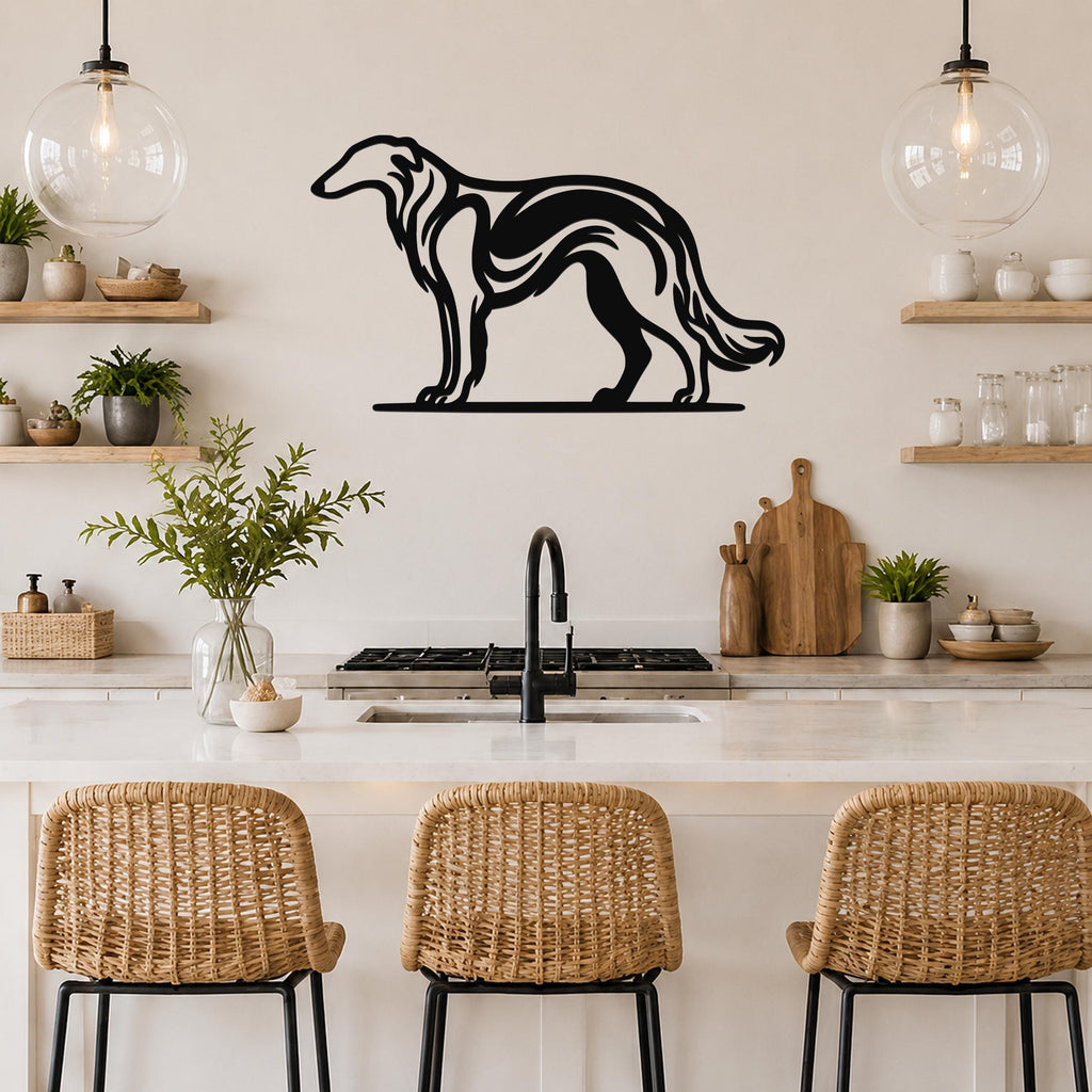 Black metal Borzoi dog wall art with flowing silhouette lines, mounted on a kitchen wall above a counter.