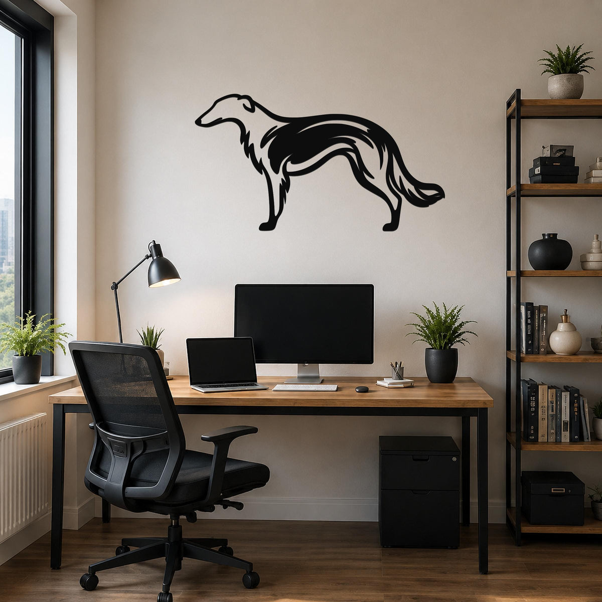 Black metal Borzoi dog wall art with a graceful silhouette, mounted on a wall above a wooden desk in a modern home office.