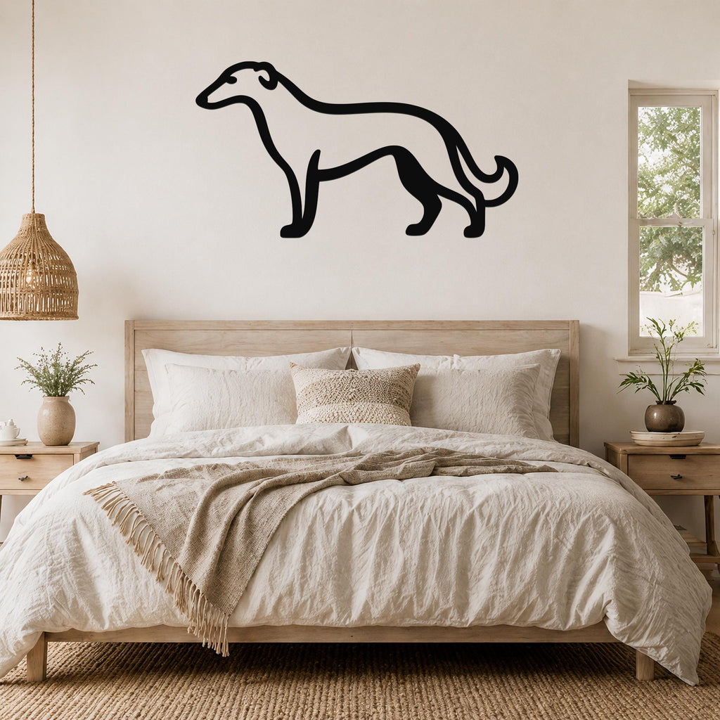 Black metal Borzoi dog wall art silhouette mounted above a wooden bed in a neutral bedroom.