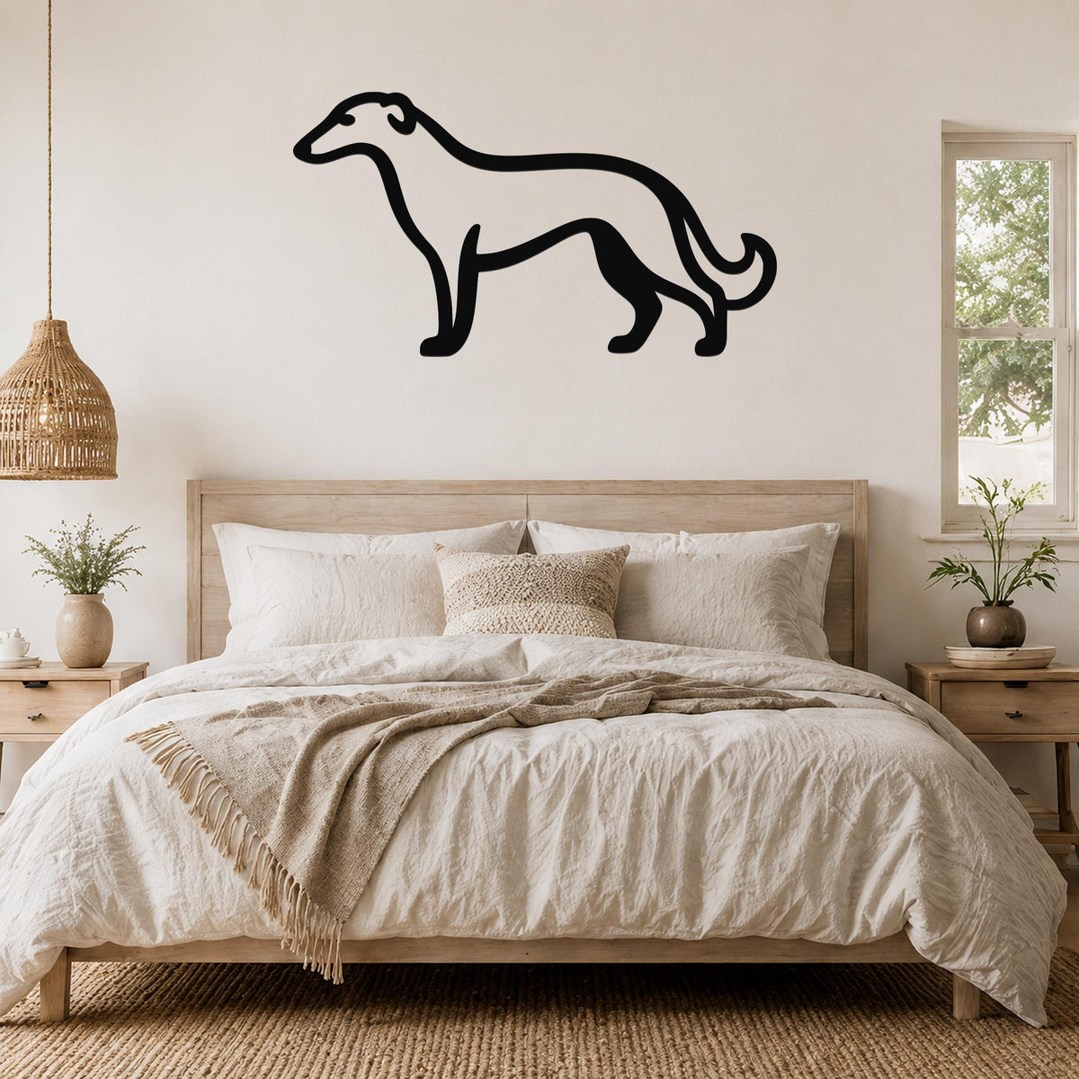 Black metal Borzoi dog wall art silhouette mounted above a wooden bed in a neutral bedroom.