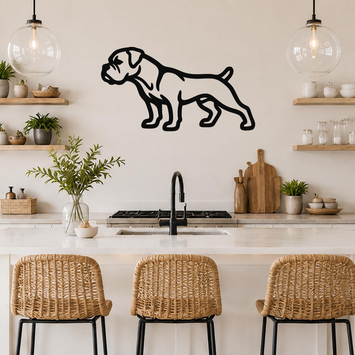 Black metal Boxer dog silhouette wall art mounted on a kitchen wall above a counter, with wicker bar stools and open shelves visible below.