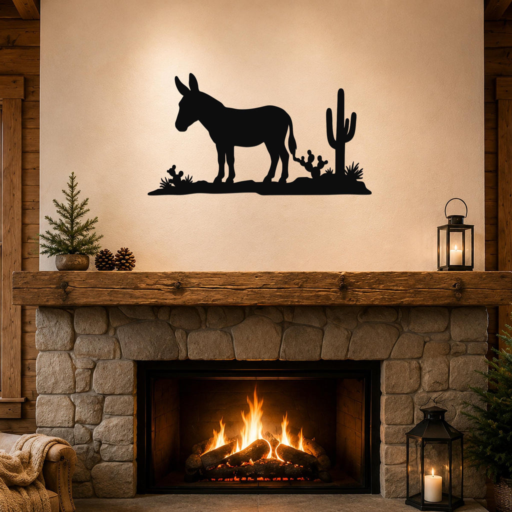 Black metal wall art silhouette of a burro and cacti, mounted above a stone fireplace in a rustic living room.