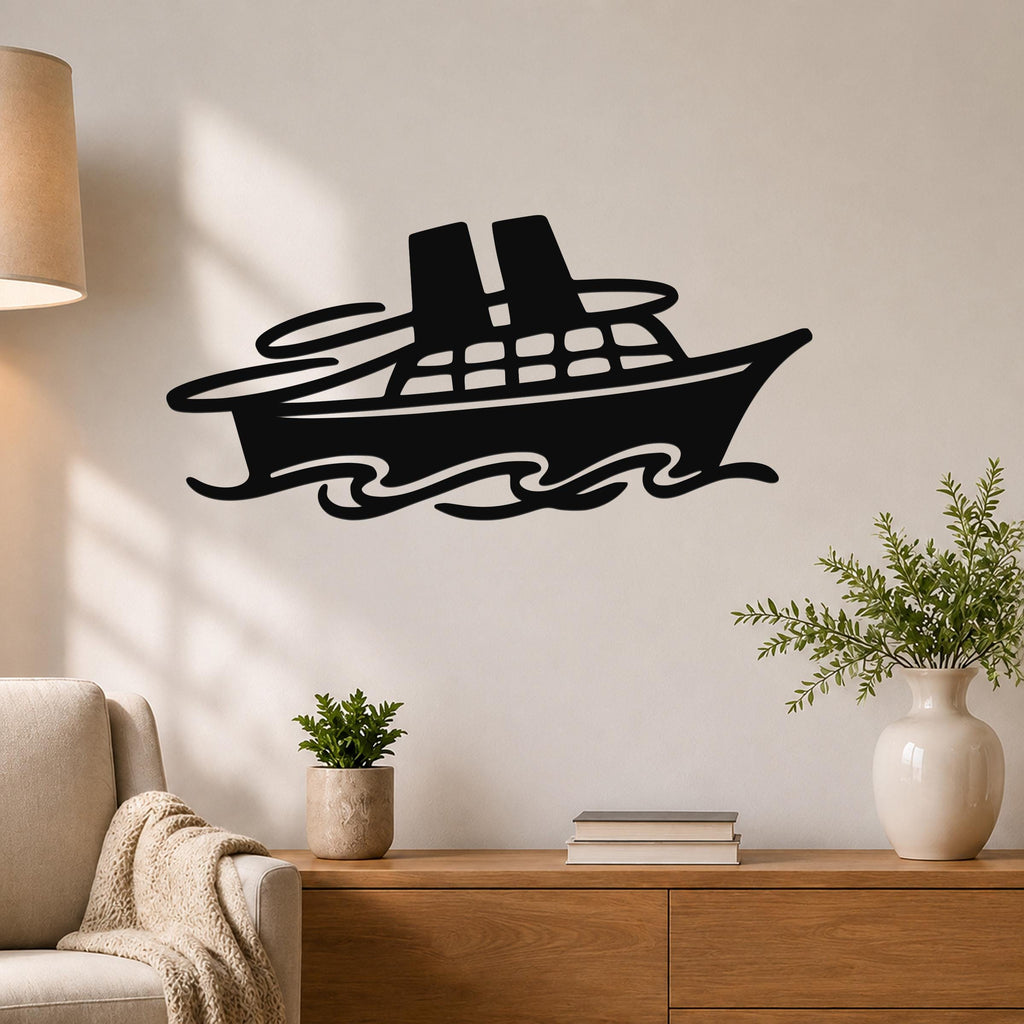 Black metal cruise ship wall art with wave cutouts, mounted on a living room wall above a wooden console table.