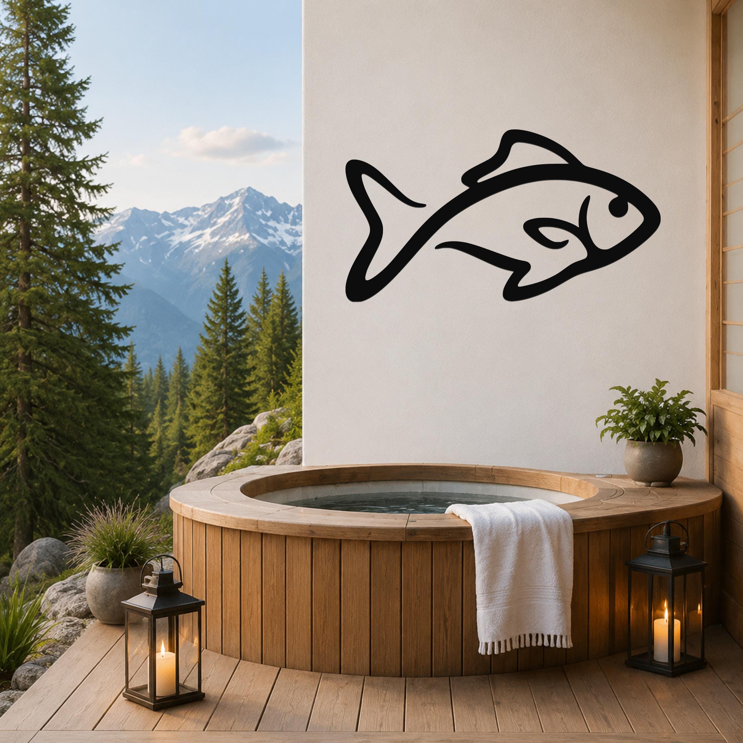 Black metal fish silhouette wall art mounted on a white wall above a wooden hot tub on a mountain-view deck.