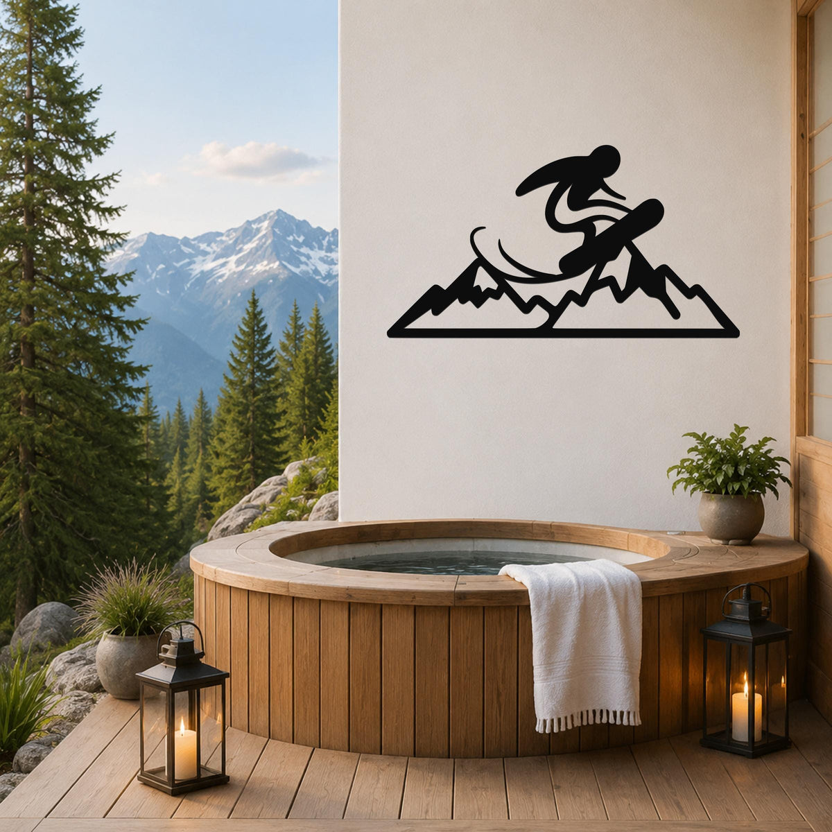 Black metal wall art featuring a snowboarder silhouette above a mountain range, mounted on a white wall above a wooden hot tub on a deck with a mountain view.