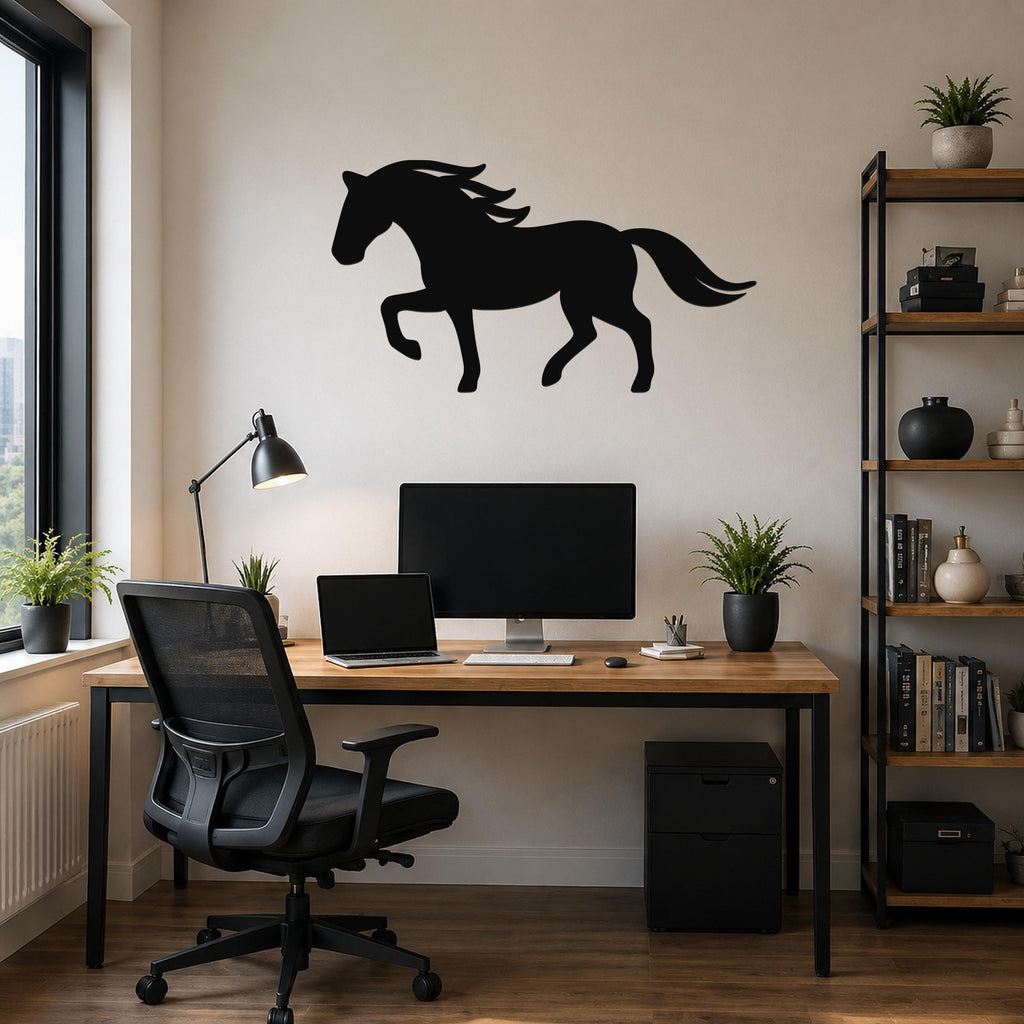 Black metal horse wall art silhouette with flowing mane and tail, mounted above a wooden desk in a modern home office.