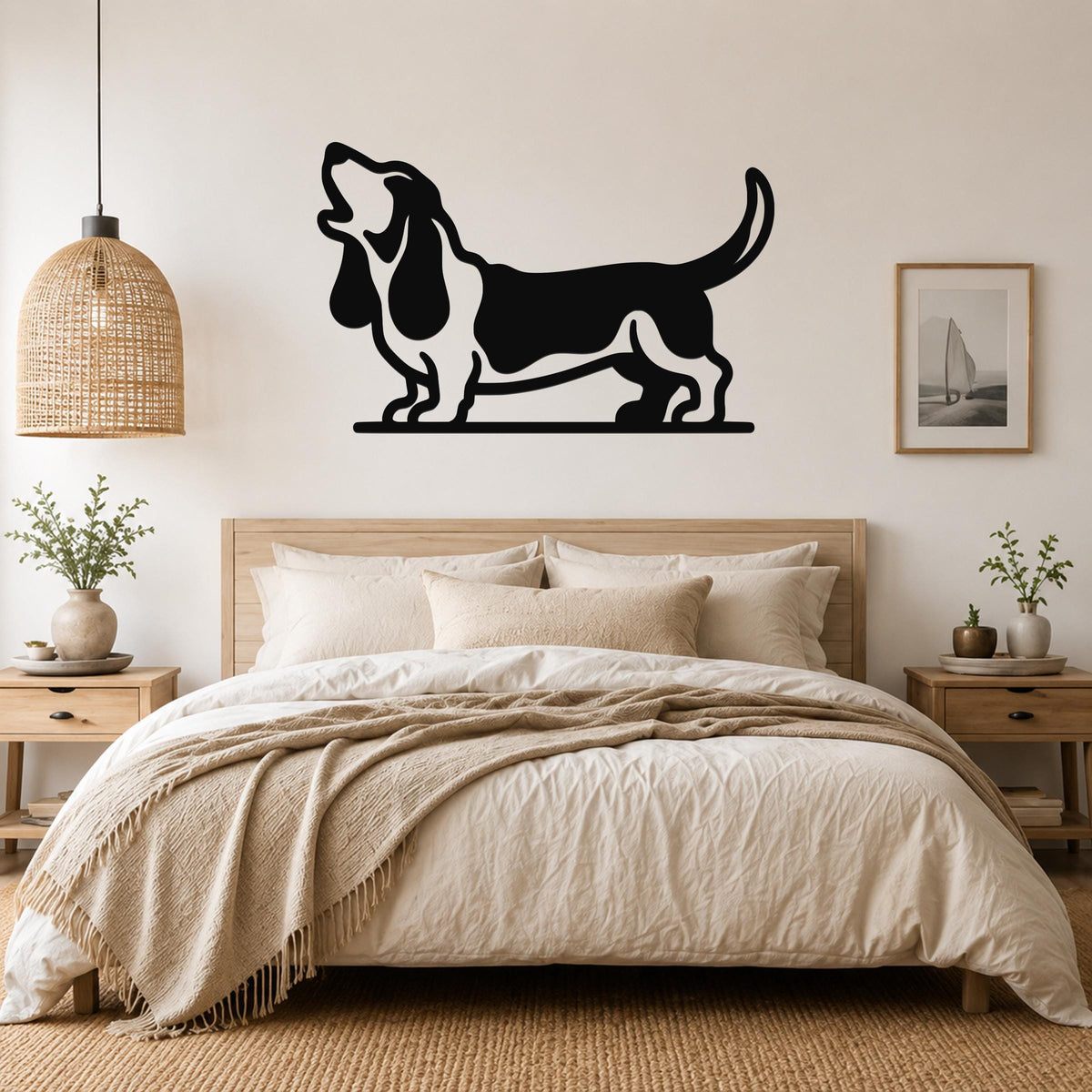 Black metal wall art of a howling basset hound silhouette, mounted above a bed in a neutral bedroom.