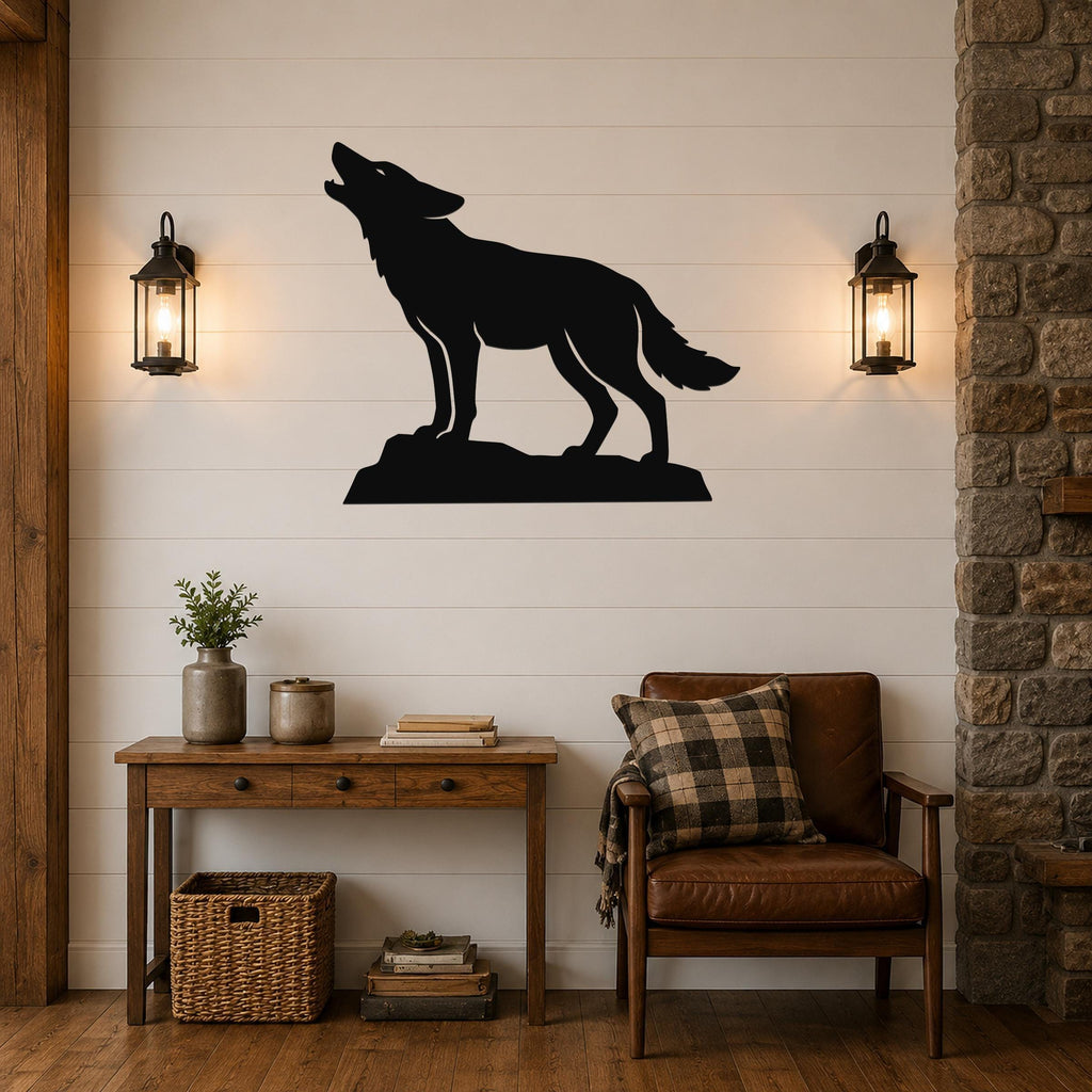 Black metal coyote wall art in a howling silhouette, mounted on a shiplap wall above a wooden console table in a rustic living room.