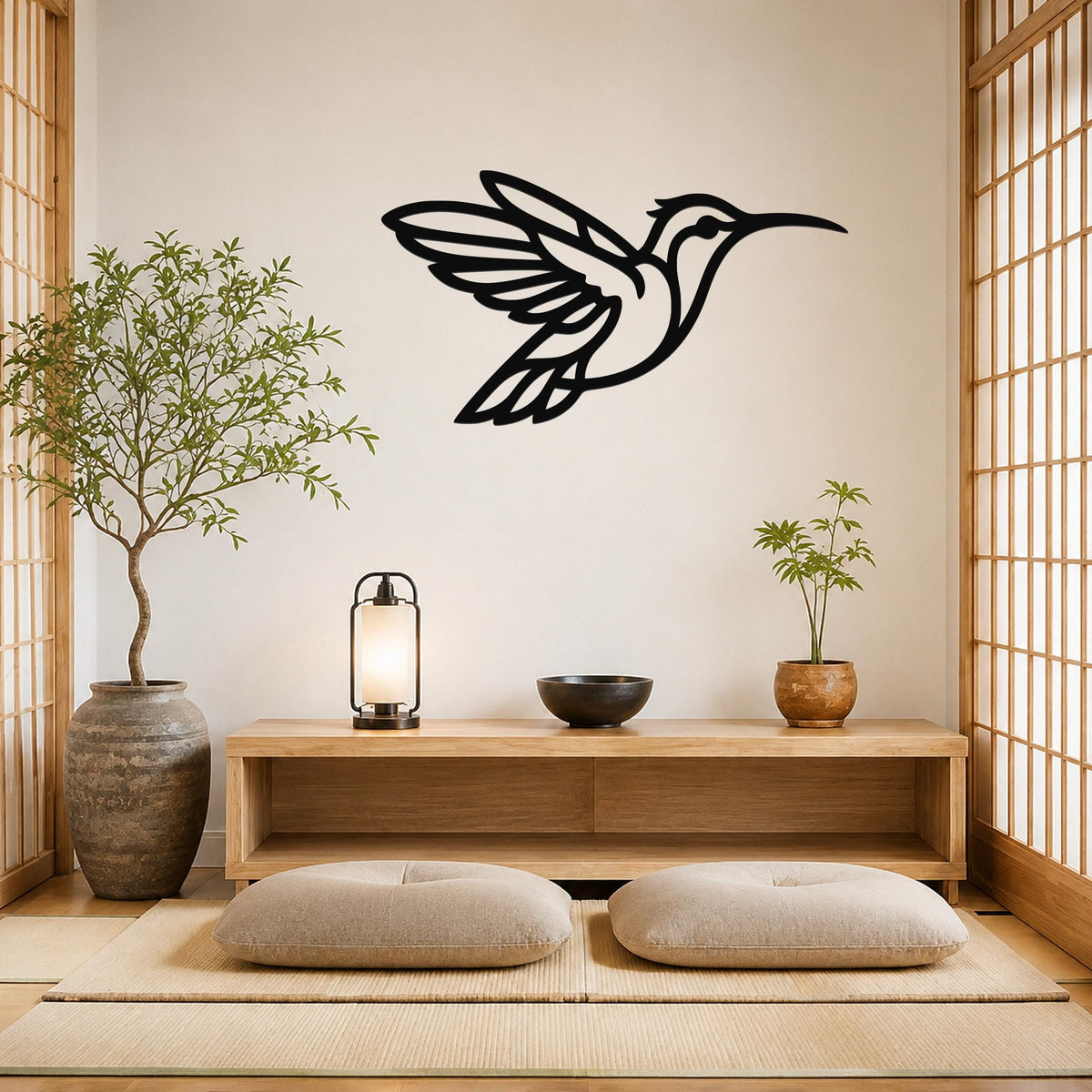 Black metal hummingbird wall art with wing and tail cutouts, mounted on a light wall above a wooden console in a minimalist room.