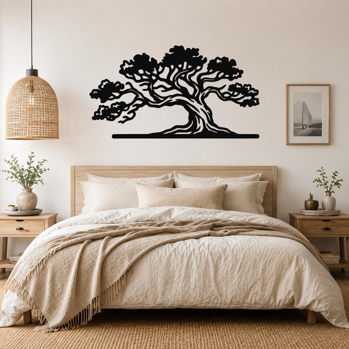 Black metal juniper tree wall art with detailed branch cutouts, mounted above a bed in a neutral bedroom.