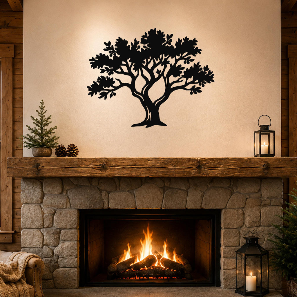 Black metal tree wall art with detailed branch and leaf cutouts, mounted above a stone fireplace in a rustic living room.