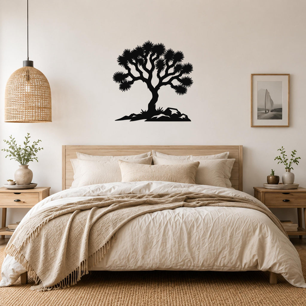 Black metal wall art silhouette of a Joshua tree with spiky branches and rocky base, mounted above a bed in a neutral bedroom.
