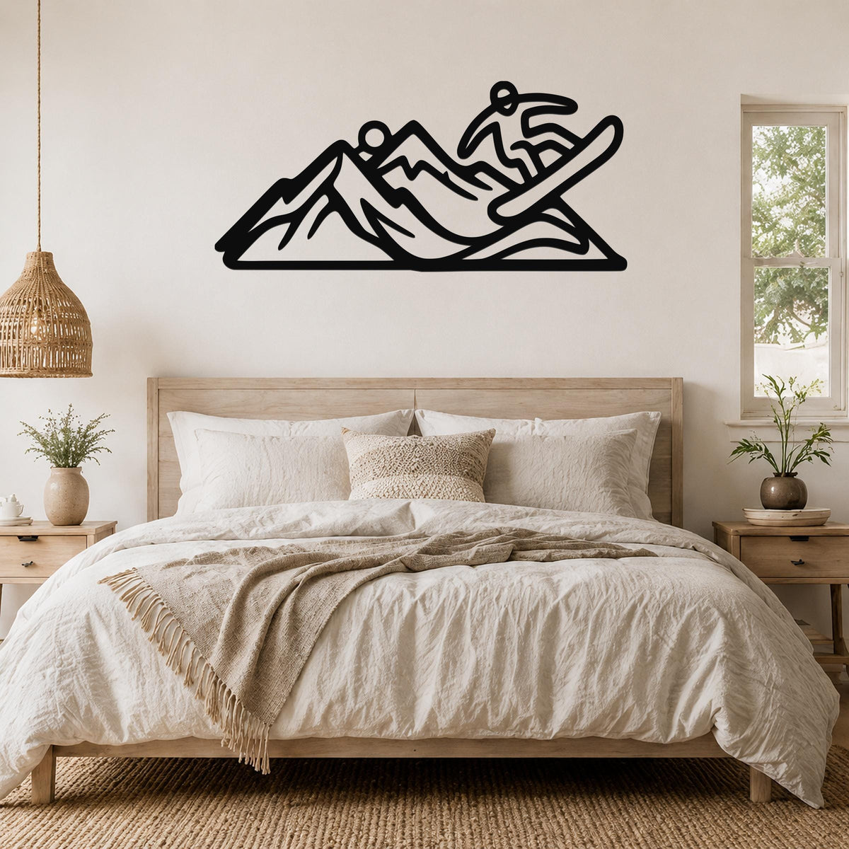 Black metal wall art silhouette of a snowboarder in motion over mountain peaks, mounted above a bed in a neutral bedroom.
