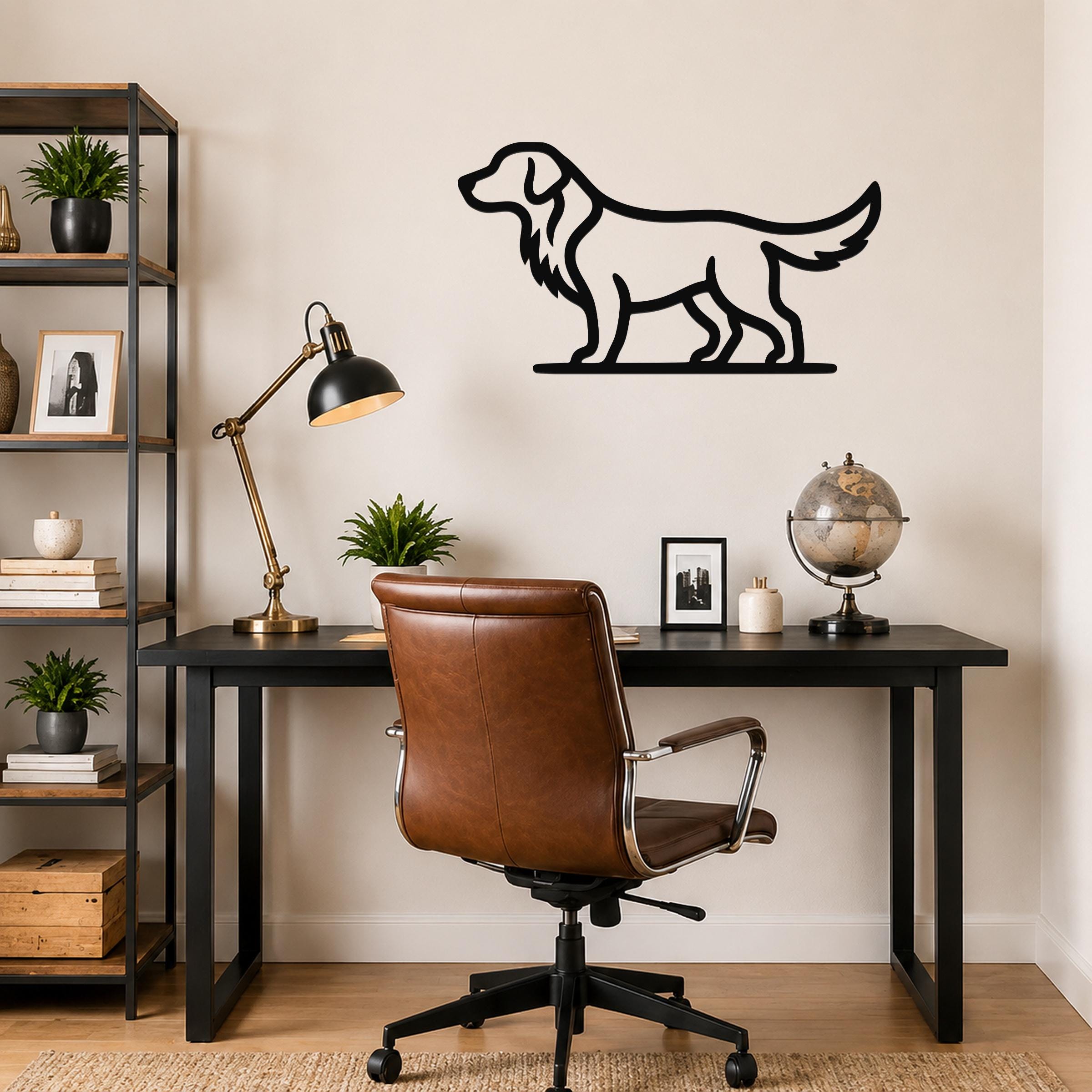 Black metal retriever silhouette wall art mounted on a beige wall above a black desk in a home office.