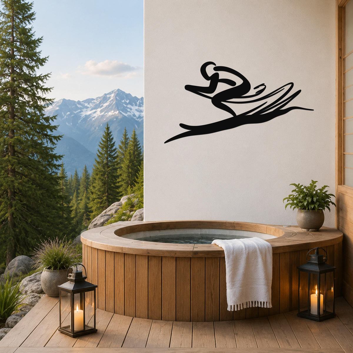 Black metal wall art in a dynamic skiing silhouette, mounted on a white wall above a wooden hot tub on a mountain-view deck.