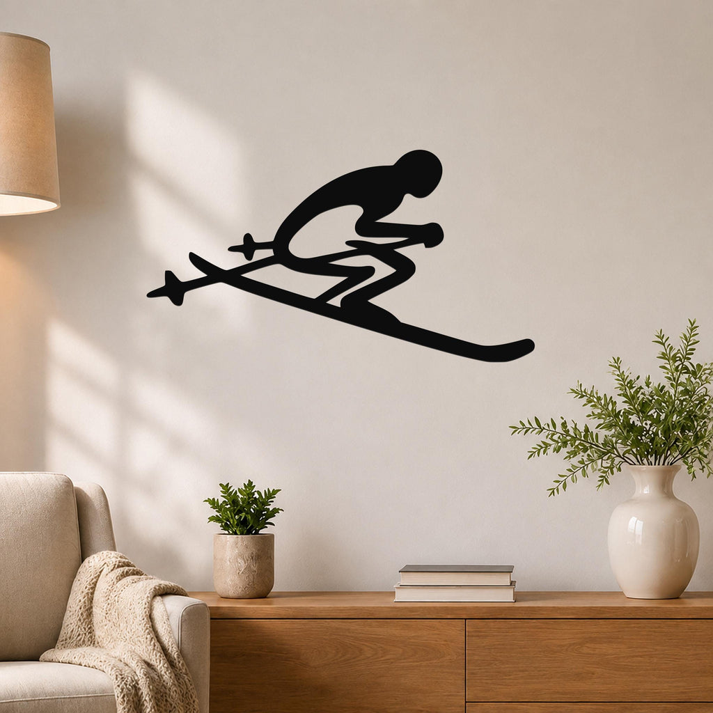 Black metal wall art of a skier silhouette with crossed poles and skis, mounted on a living room wall above a wooden console table.