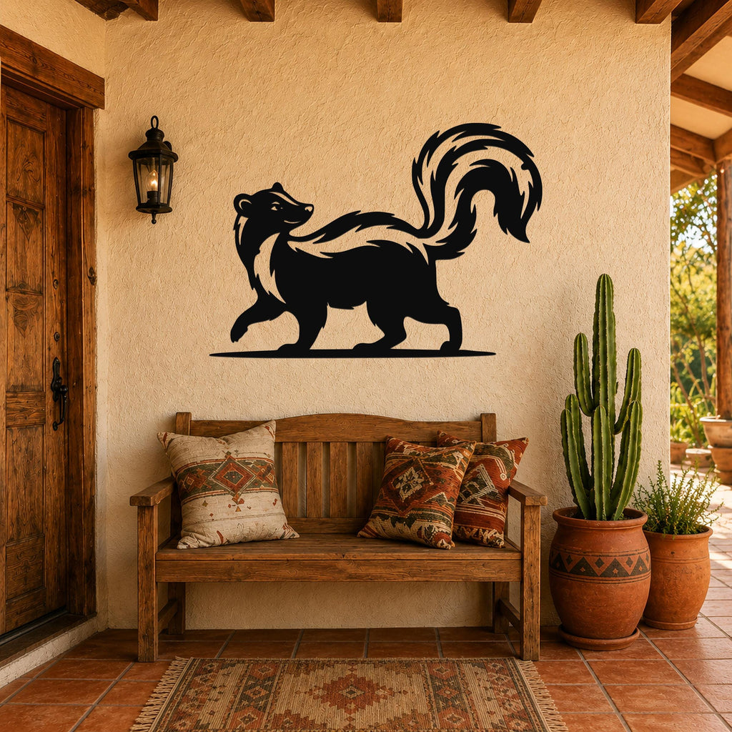 Black metal skunk wall art silhouette with raised tail, mounted on a stucco wall above a wooden bench in a patio entryway.