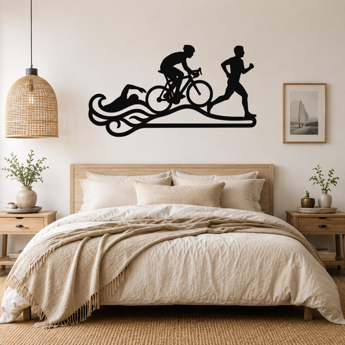 Black metal triathlon wall art with swim, bike, and run silhouettes and wave cutouts, mounted above a bed in a bedroom.