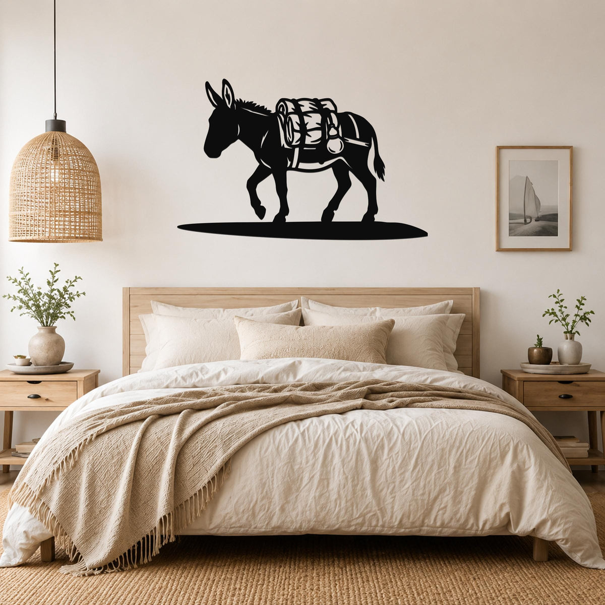 Black metal burro wall art silhouette with saddle and pack, mounted above a bed in a neutral bedroom.