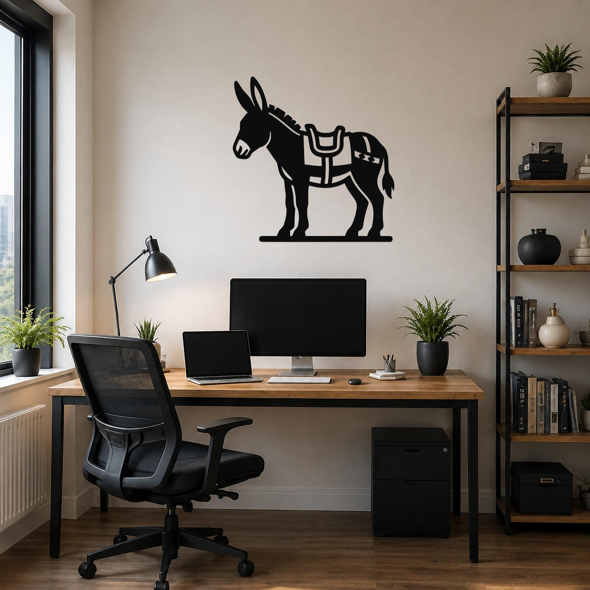 Black metal burro wall art with saddle cutout, mounted above a wooden desk in a home office.