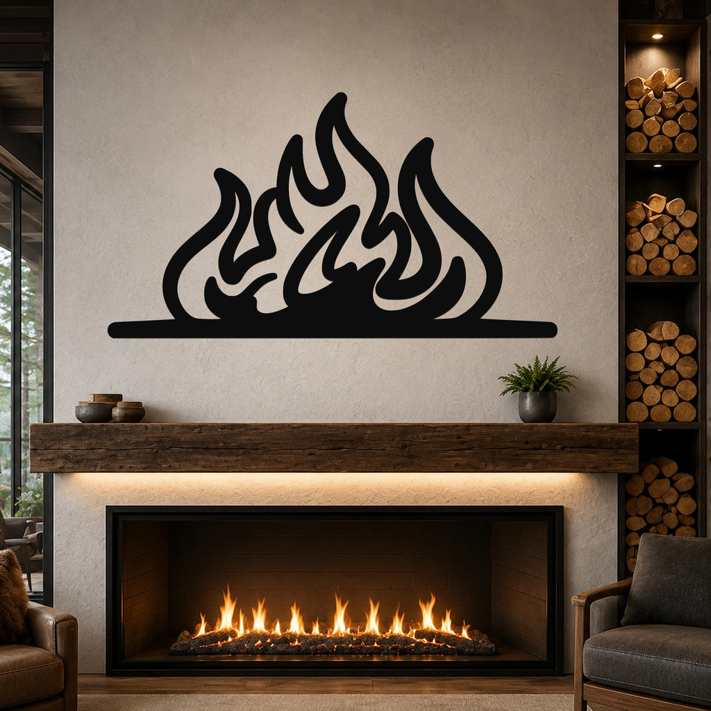 Black metal flame silhouette wall art with fluid, layered cutouts, mounted above a fireplace in a living room.