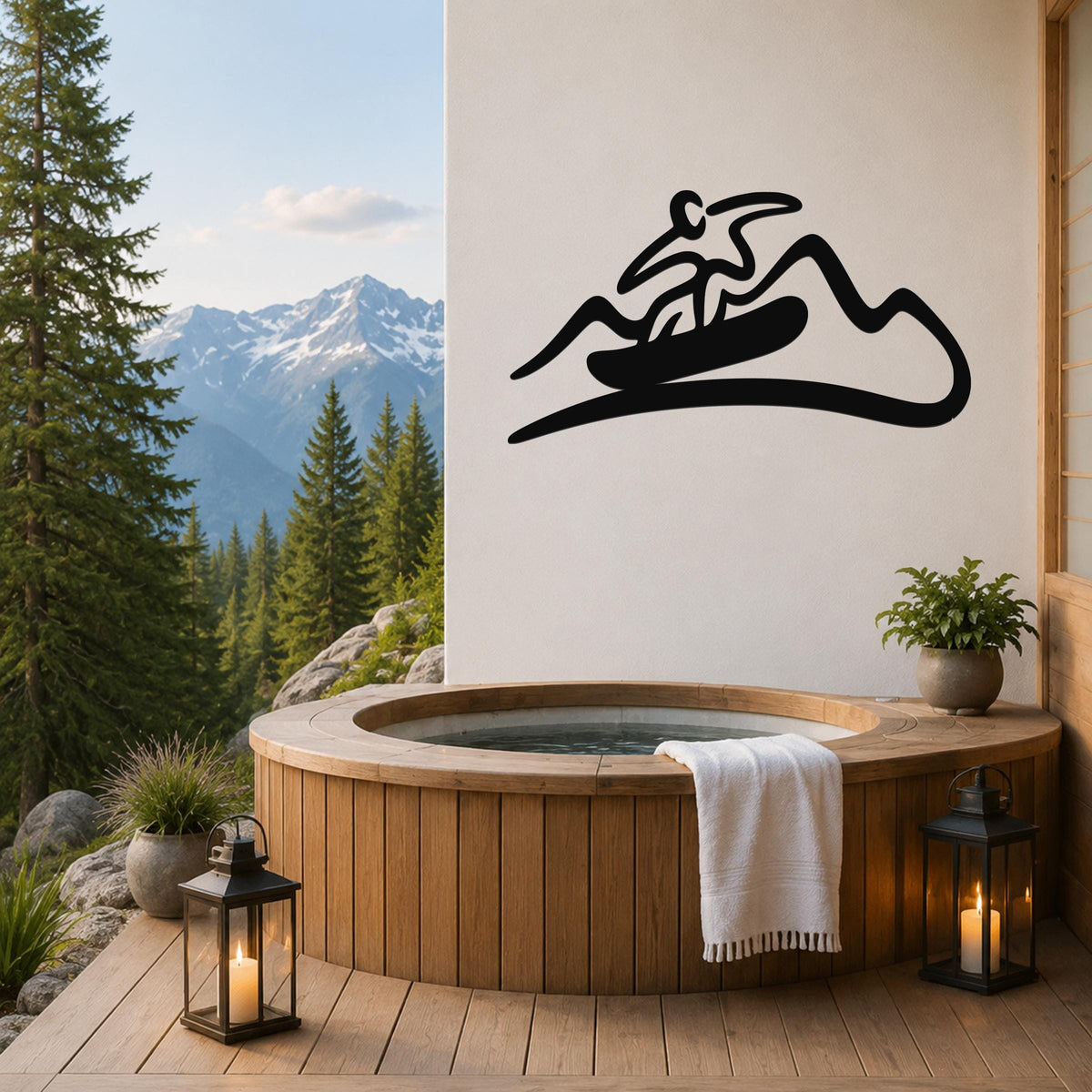 Black metal wall art silhouette of a snowboarder on a mountain, mounted on a white wall above a wooden hot tub on a deck with a mountain view.