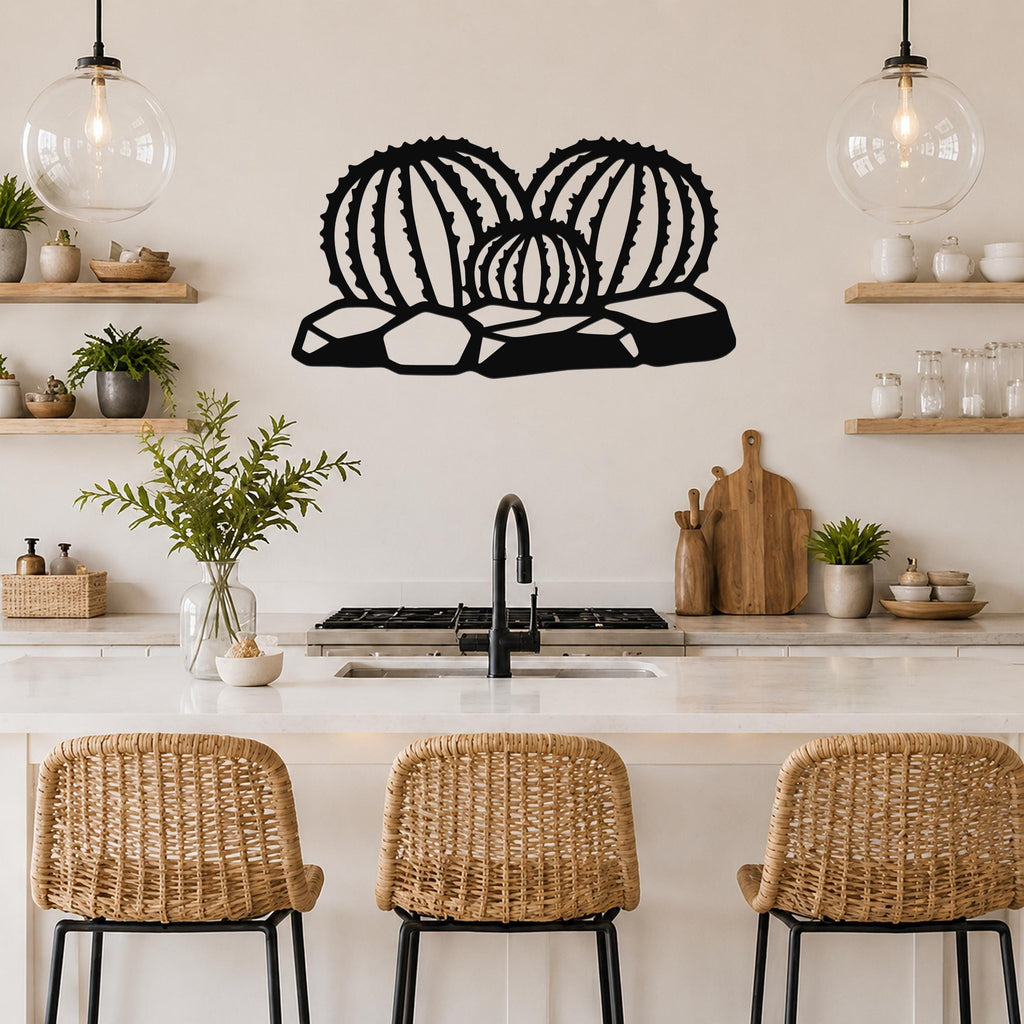 Black metal barrel cactus wall art with ribbed cutout design, mounted above a kitchen counter in a modern kitchen.