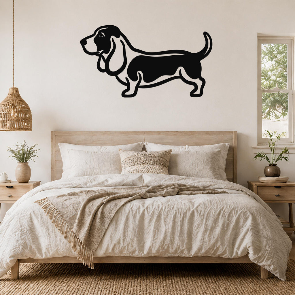Black metal Basset Hound wall art silhouette mounted above a wooden bed in a neutral bedroom.