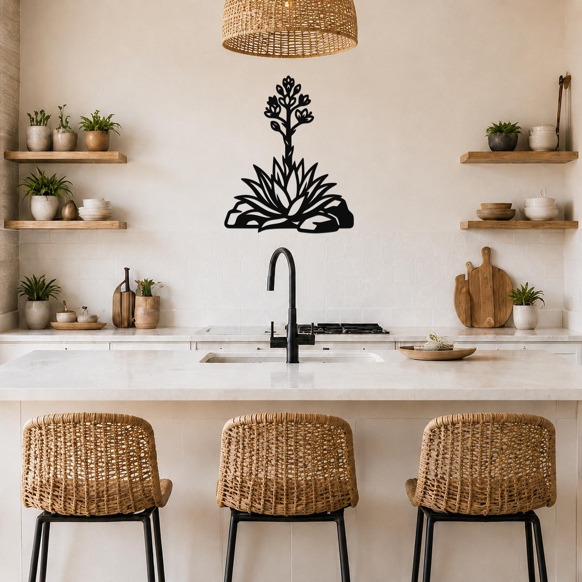 Black metal agave wall art with blooming flower cutout, mounted on a kitchen wall above a counter.