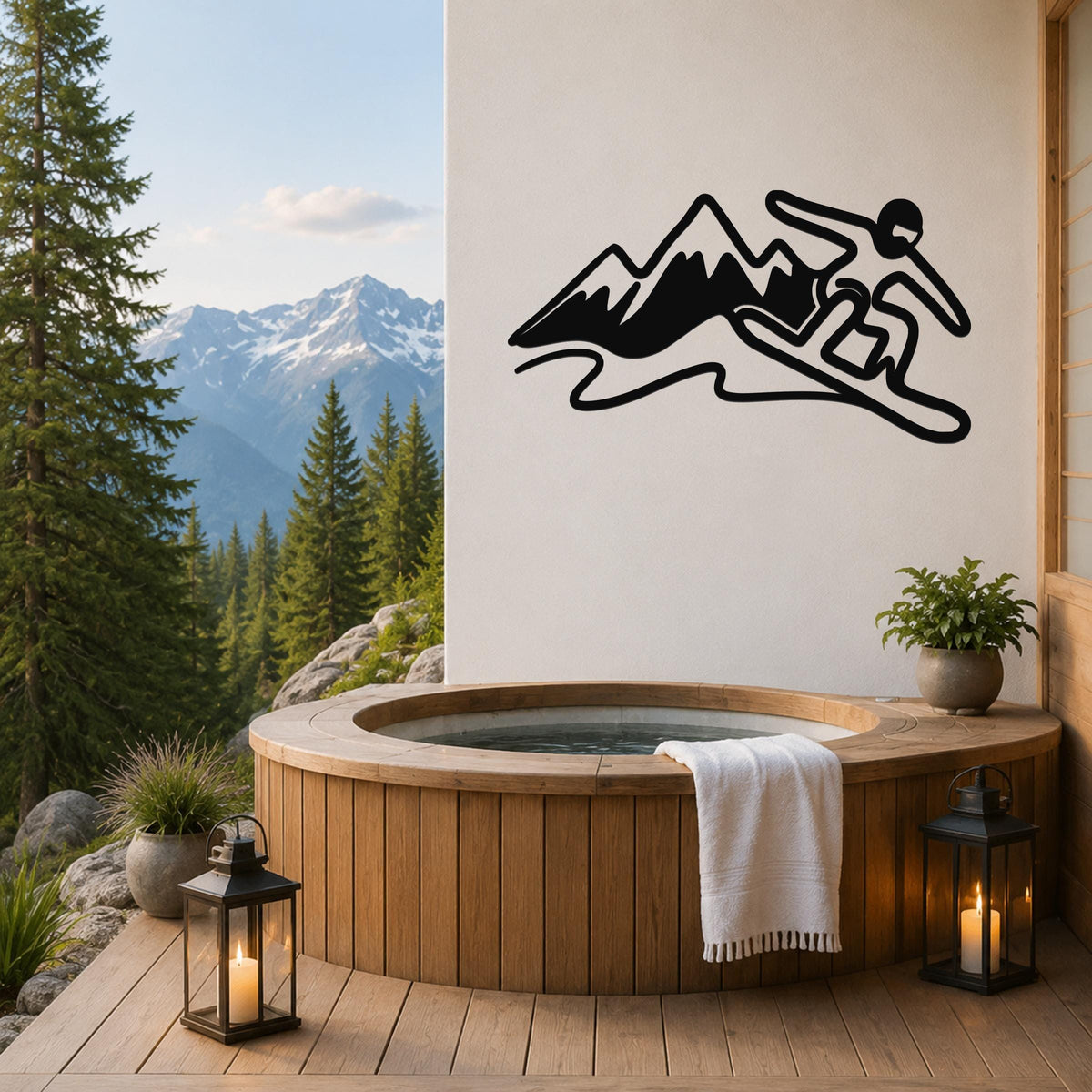 Black metal wall art silhouette of a snowboarder in motion over mountain peaks, mounted on a white wall above a wooden hot tub on a deck with a mountain view.