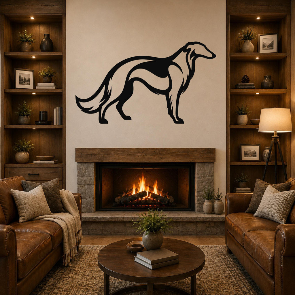 Black metal Borzoi dog wall art with a sleek silhouette design, mounted above a fireplace in a cozy living room.
