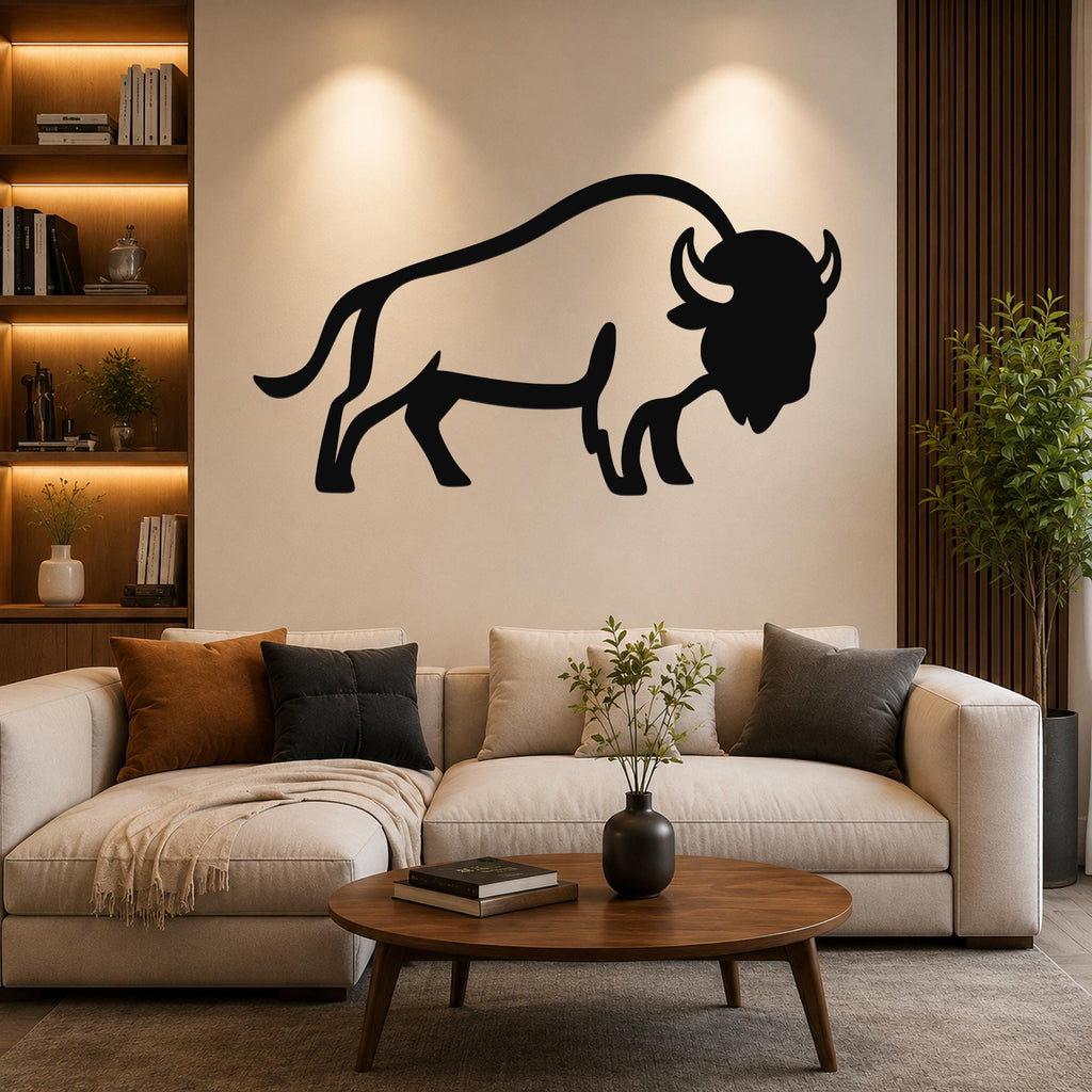 Black metal buffalo wall art silhouette mounted above a beige sofa in a living room.