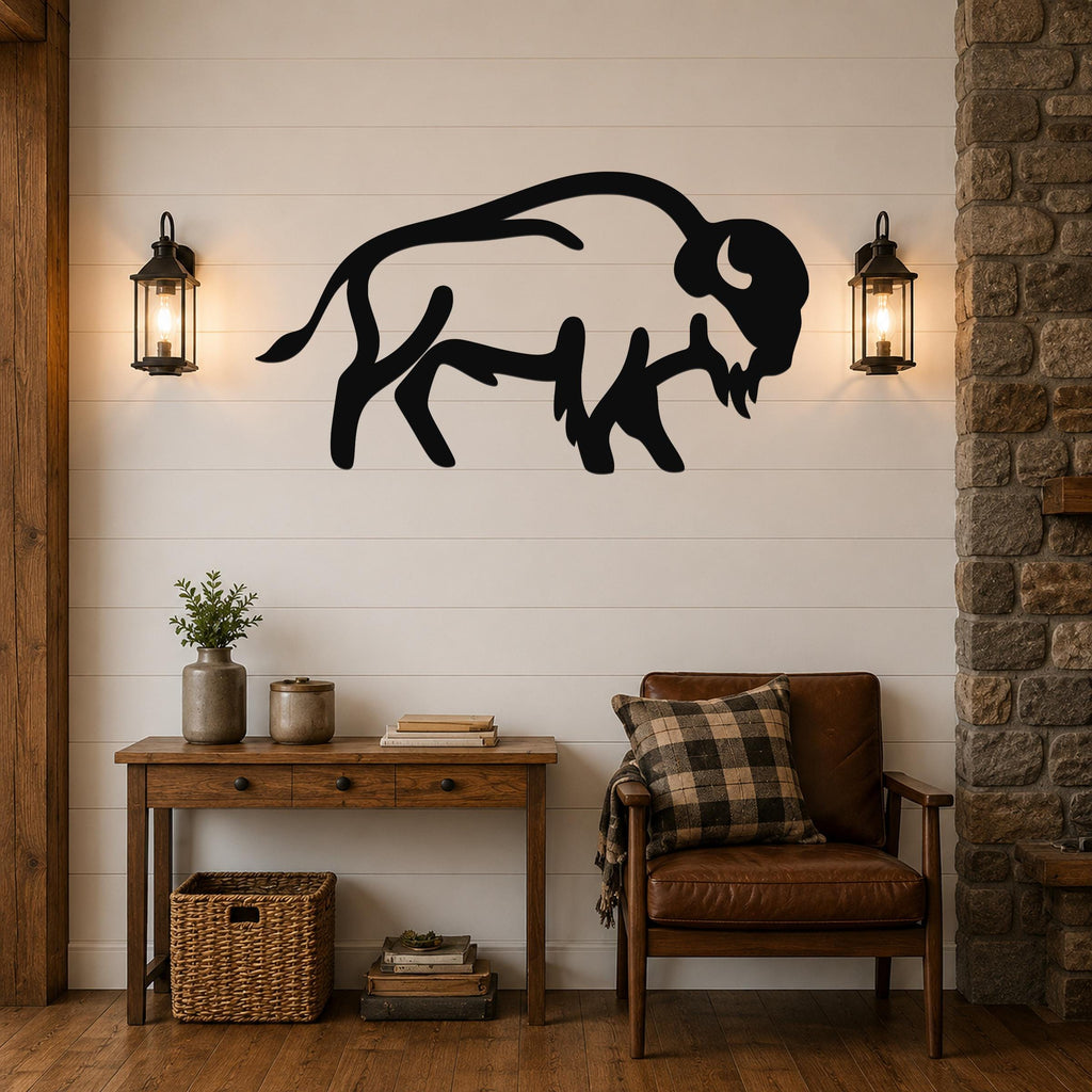 Black metal buffalo silhouette wall art mounted on a white shiplap wall above a wooden console table in a rustic living room.