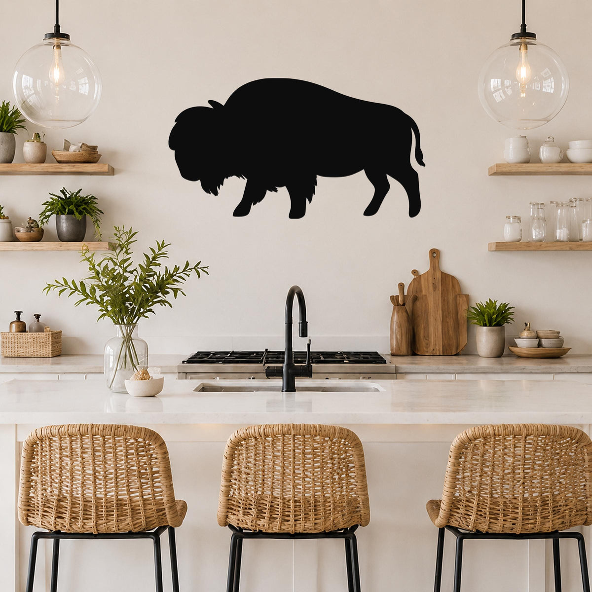Black metal bison silhouette wall art mounted on a kitchen wall above a counter, with wicker bar stools and open shelving visible below.