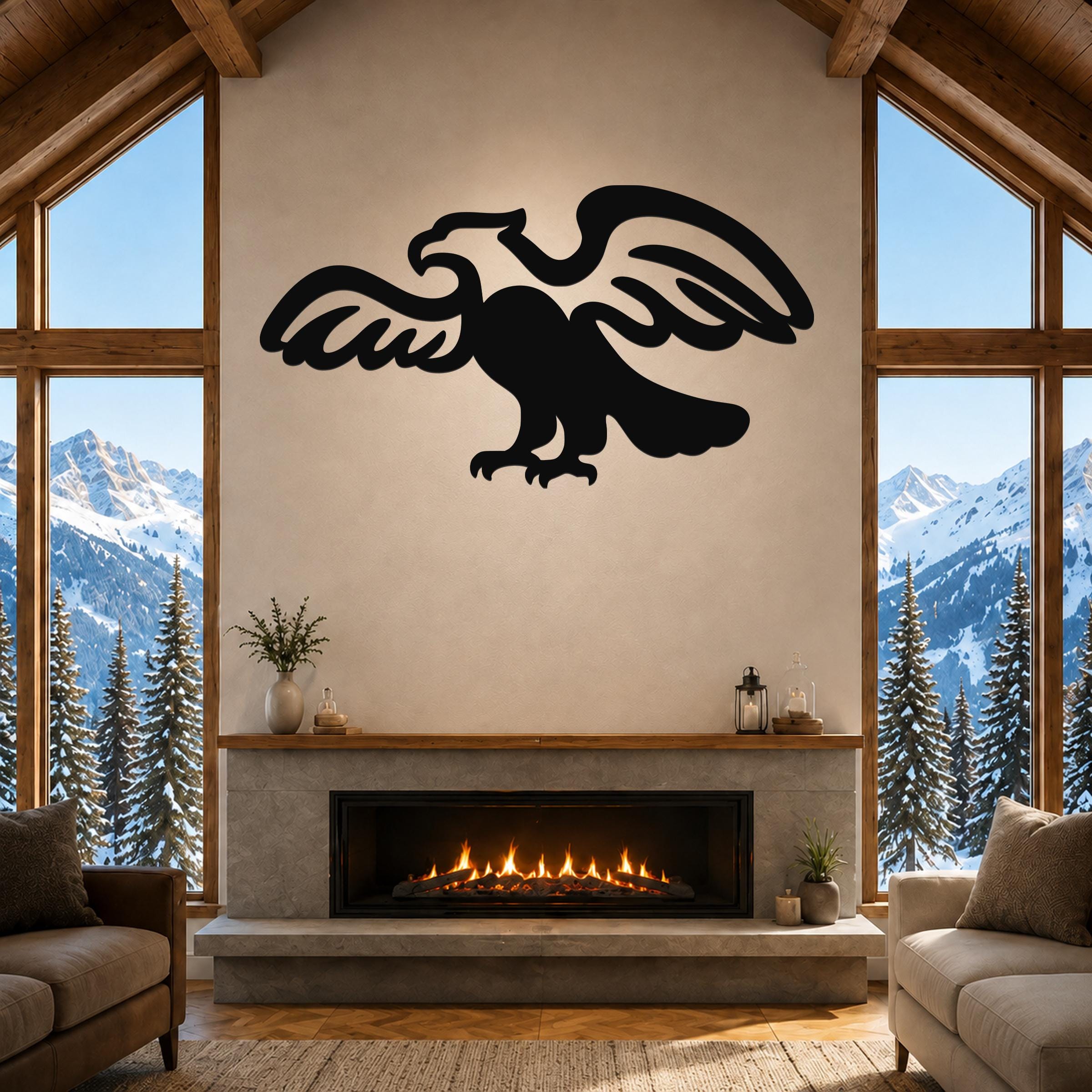 Black metal eagle wall art with outstretched wings and detailed silhouette, mounted above a fireplace in a rustic living room.