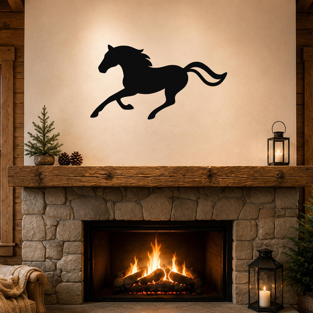 Black metal horse wall art silhouette with motion lines, mounted above a stone fireplace in a rustic living room.