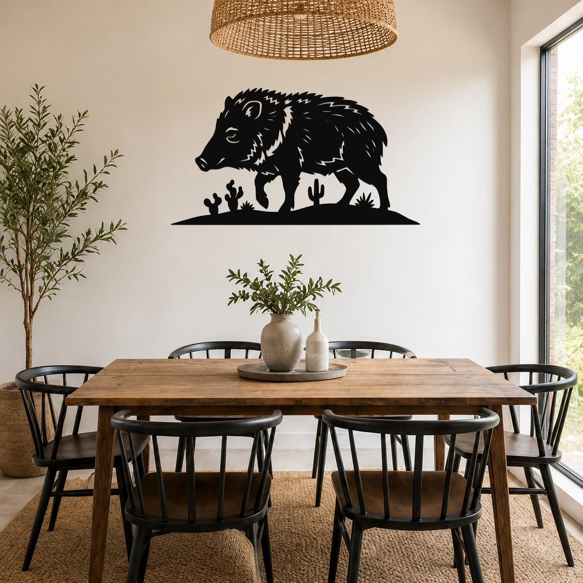 Black metal javelina wall art silhouette with cactus cutouts, mounted above a wooden dining table in a bright room.