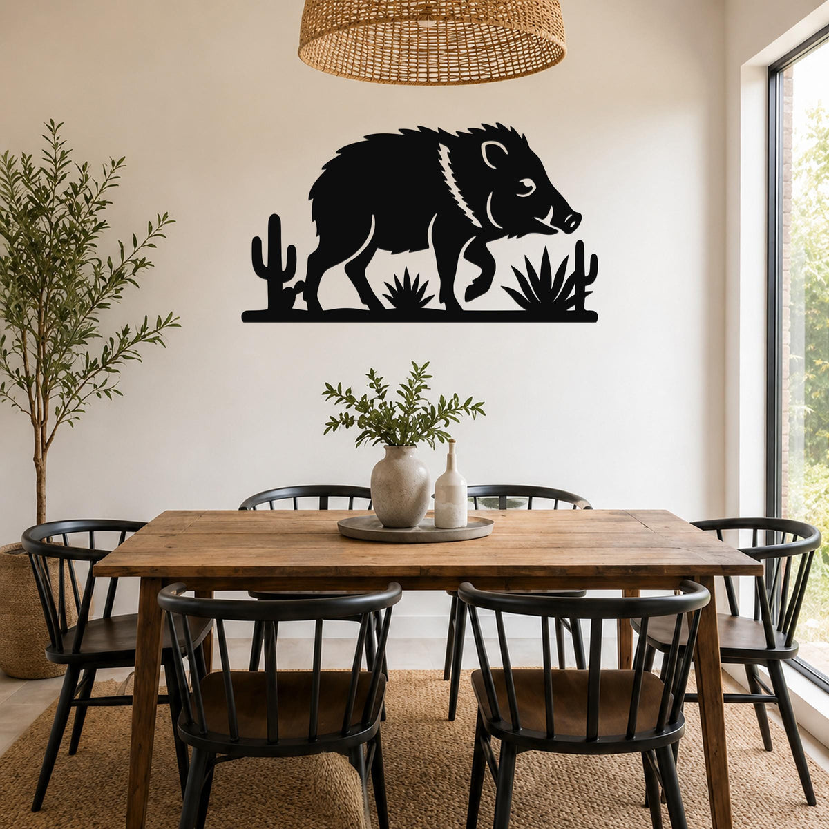 Black metal javelina wall art with cactus and agave cutouts, mounted above a wooden dining table in a bright living room.