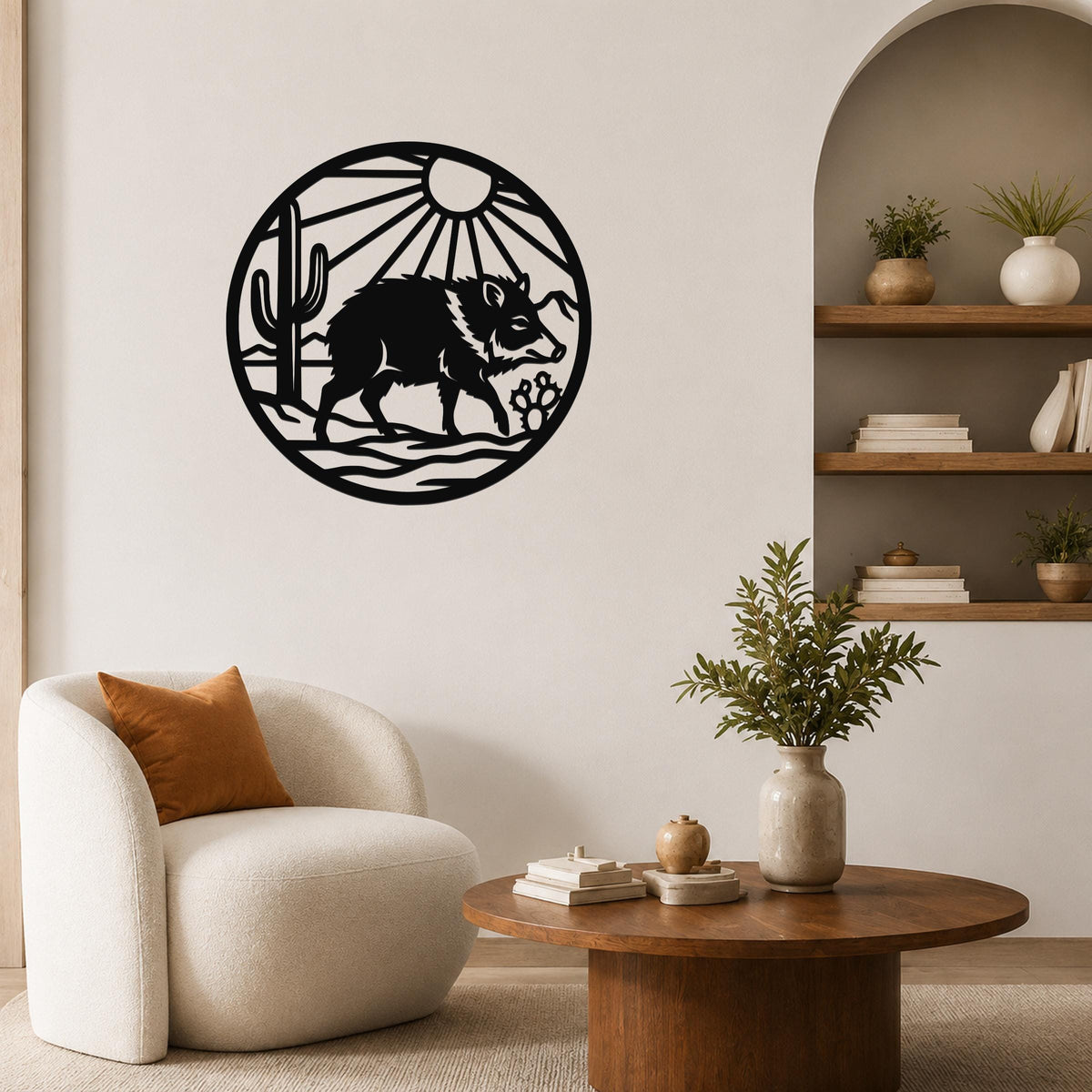 Black metal circular wall art featuring a javelina silhouette, cactus, and sun rays, mounted on a living room wall above a white armchair.