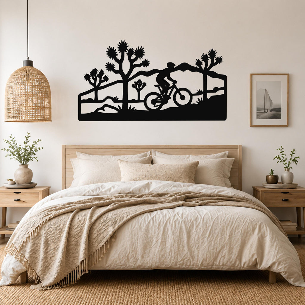 Black metal wall art with a silhouette of a cyclist and Joshua trees, mounted above a bed in a bedroom.